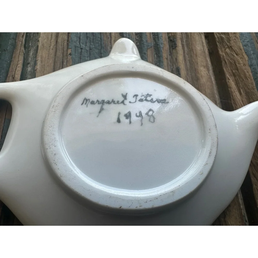 Vintage 1948 Signed Margaret Tatom Hand Painted Ceramic Teapot Tea Bag Rest Dish